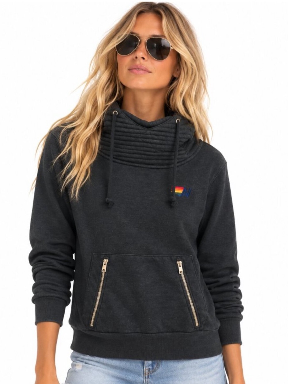 Aviator Nation Ninja Hoodie Charcoal Black Funnel Neck Zip Pocket Size Small